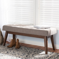 Baxton Studio WM1622-BE-Light Grey/Walnut Elia Mid-Century Modern Walnut Wood Light Grey Fabric Button-Tufted Bench